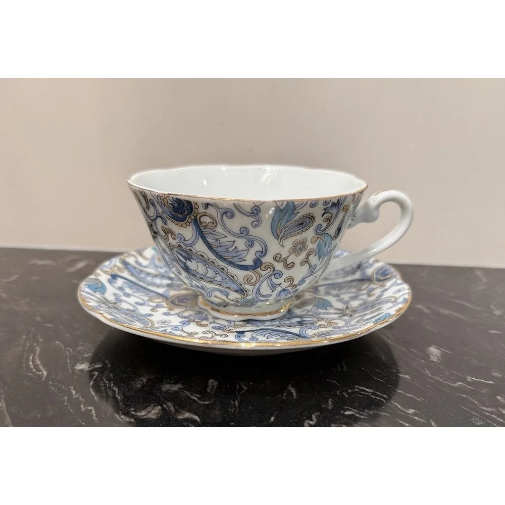 Vintage Blue Paisley By Lefton Cups And Saucers & Teapot For Four